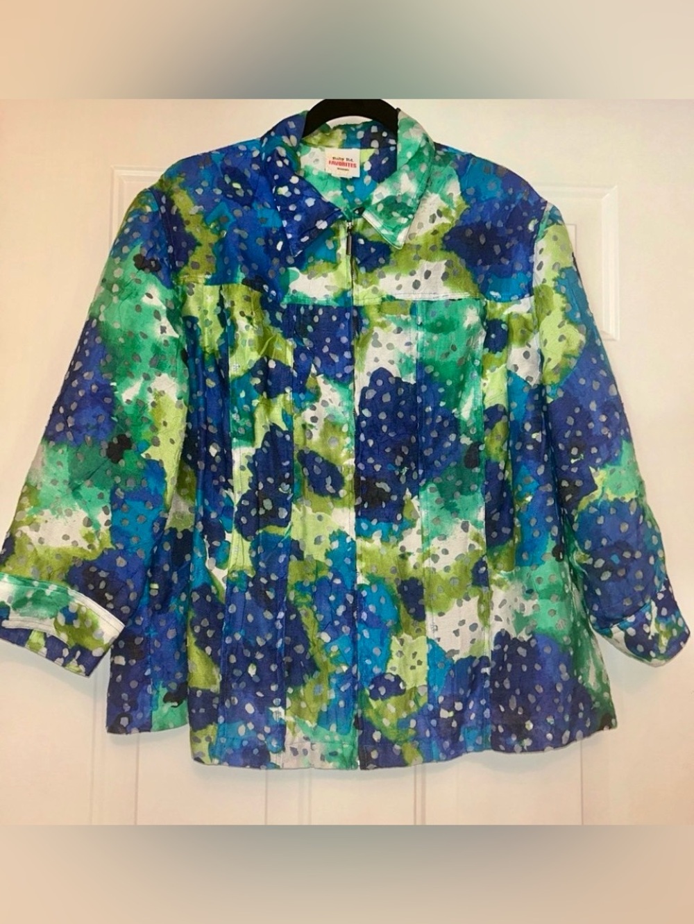 Ruby Road Linen Blend Full Zip Jacket 2X Blue Green Sheer Floral Artsy Abstract